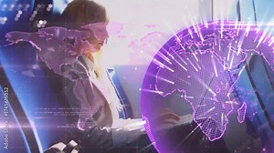 Map scrolling into view activating spinning globe framing woman typing laptop showing business link