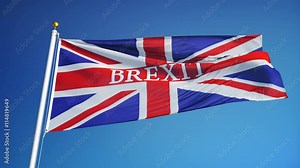 Great Britain Brexit flag waving in slow motion against blue sky, seamlessly looped, close up, isolated on alpha channel with black and white matte, perfect for film, news, digital composition
