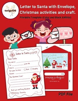 Letter to Santa with Envelope, Christmas activities and craft. Printable Templat