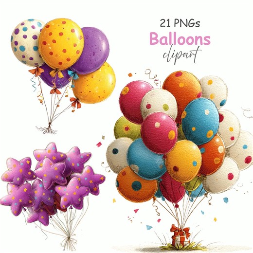 Whimsical Balloons Clipart: Pink Blue Purple Birthday Balloons (digital Download - 21 Pngs) - Etsy
