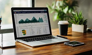 Modern workspace featuring a laptop displaying analytics graphs, coffee cup, smartphone, and greenery, illustrating data analysis and productivity in a professional environment