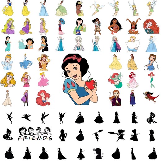 Princess SVG Bundle, Fairy Tale Princess Clipart PNG, Snow White, Elsa, Moana, Tinkerbell, Ariel SVG, Cricut Cut Files, Sublimation Designs - Etsy
