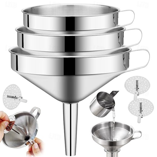 6 pcs/set Stainless Steel Funnel Filter, 3 pcs New Food Grade Kitchen Funnels with 3 pcs Removable Strainer, Perfect for Transferring of Liquid Oils
