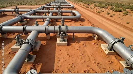 Dynamic pipeline system stretches across arid desert landscape conveying vital resources