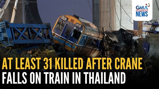 A train derailed in northeastern Thailand on Wednesday, Jan. 14, 2026, after a construction crane fell on two of its carriages, killing at least 31 people and injuring 64, the Health Ministry said. The death toll rose from an earlier count of 29 provided by the provincial governor, Anupong Suksomnit. Anupong added that rescue workers were preparing to enter the mangled train carriages to "search for more bodies that may have been trapped inside," and that they would need about seven days to clea