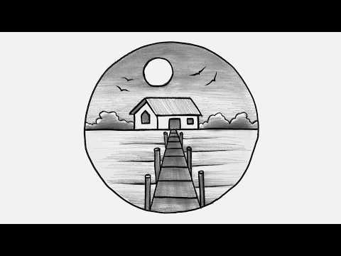 Circle Scenery Drawing Tutorial 🌄 Simple Pencil Shading (Lake, House, Bridge) Step by Step