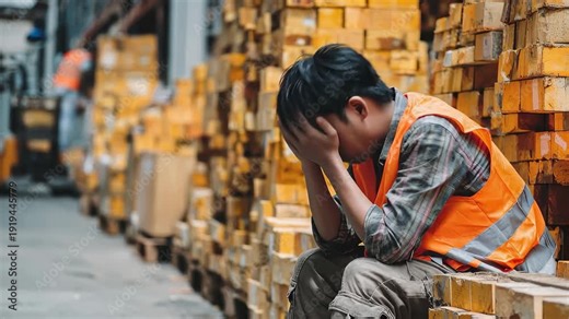 Tired warehouse worker takes a moment to rest among stacked wooden crates during a long shift at the distribution center