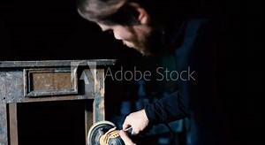 restoration of antique vintage furniture bedside table, sanding solid wood.