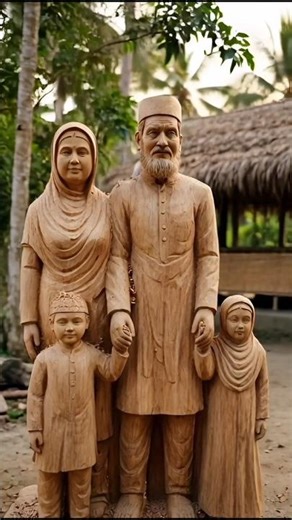 Muslim happy family in wooden sculpture😱😱 #foryou #woodcraft #aivideocreator #handcrafted