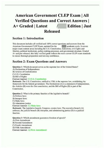 American Government CLEP Exam All Verified Questions and Correct Answers Latest Edition A Graded and
