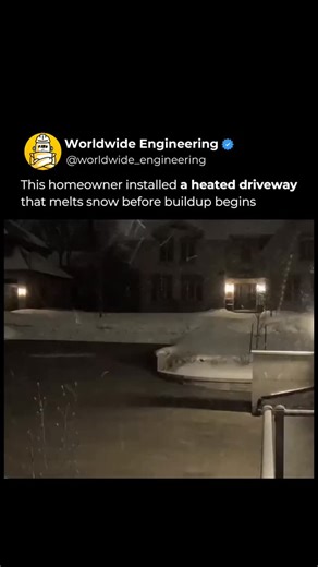 WORLDWIDE ENGINEERING 🌍 on Instagram: "Snow never even gets a chance to settle here. This homeowner installed a heated driveway system that melts snow the moment it touches the surface. Hidden heating elements beneath the pavement keep the driveway clear and dry even while everything around it is covered in snow. No shoveling, no salt, no waiting. It is a smart example of preventative engineering. Instead of reacting after snow piles up, the system eliminates the problem before it starts, savin