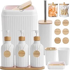 Bathroom Accessories Set White Bathroom Set with Trash Can,3PCS Lotion Soap Dispenser, Toothbrush Holder, Soap Dish,Tumbler Cup,6pcs Wood Tags White Bath Accessories with Tray for Bathroom Decor