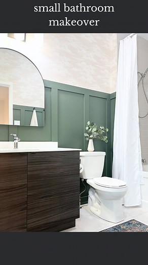 20K views · 45 reactions | SMALL BATHROOM REVEAL!!!!! This is one of the first full room makeovers I did, and I was never happy with the result. I hated the stencil, and the green was too bright. I added board and batten to this bathroom, and a peel and stick wallpaper to totally transform this on a tiny budget!!!!! Do you love it!!?!? Bathroom makeover, small bathroom design, #boardandbatten | Hana - DIY, Design, Crafting | Facebook