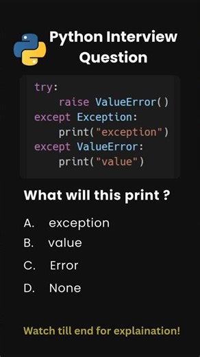 Day 57 | Python Interview Questions | Exception Order Trap Explained 🔥 #python #shorts