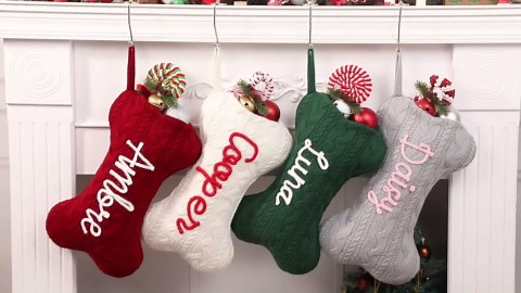 Dog Christmas Stocking, 9 Inches Mini Pet Christmas Stockings with Embroidered Paw, Red and White Knit Stocking for Dogs Cats, Family Xmas Decorations for Holiday Home Wall Fireplace Christmas Tree