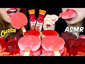 ASMR RED FOOD PARTY (Cherry Ice Cream, Red Velvet Muffin, Cheesecake) 리얼사운드 먹방 | Kim&Liz ASMR