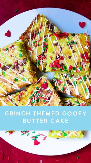 Grinch- themed gooey butter cake 💚 One of my favorite desserts all dressed up for the holidays :) * 1 box of white cake mix * Green food coloring * 1/2 cup melted butter * 3 eggs, divided * 1 (8oz) package of cream cheese softened * 4 cups of powdered sugar * 1 tsp vanilla extract * 1/4–1/2 tsp peppermint extract (depending on how much you like peppermint flavor!) * Peppermint bark or crushed candy canes- I used peppermint bark * White chocolate, melted- for drizzling, if desired * Holiday tree