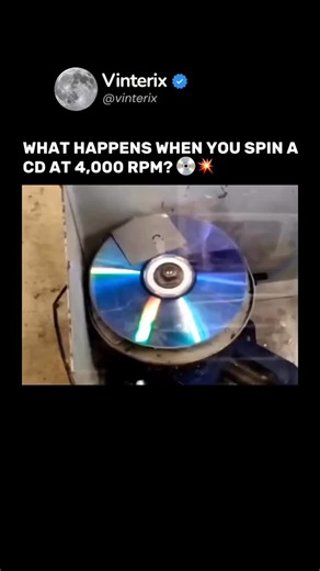 Vinterix on Instagram: "Take a standard CD. Now spin it way beyond its limits — up to 4,000 revolutions per minute. Here’s what you get: 🌈 Rainbow light diffraction 🌪 Surface shimmer and ripple 🔥 Friction heating up the plastic 💥 And finally… a dazzling disc explosion It’s physics, chaos, and beauty — all in one wild spin. Proof that even everyday objects can become extraordinary when pushed to extremes. If you’re into science that goes boom — check out our page EN: If this is your video, pl
