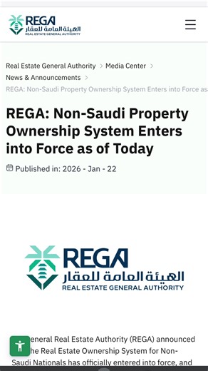 🇸🇦 Official Update: Saudi Government Real Estate Portal Is Now Live The Saudi government has officially launched its real estate platform for foreign ownership. 👉 Website: saudiproperties.rega.gov.sa This is an early-stage rollout, but it’s an important milestone for anyone following Saudi real estate. What’s currently available on the platform: • You can review the official framework for foreign property ownership • You can start creating your digital identity (individual or company) • The s