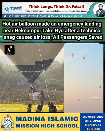 Hot air balloon made an emergency landing near Neknampur Lake Hyd after a technical snag caused air loss, All Passengers Saved | A18 Telangana News
