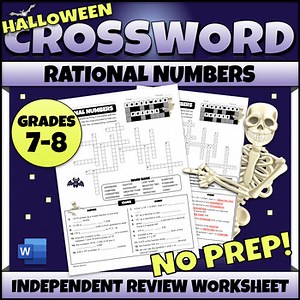 7th/8th Grade Math Rational Numbers Worksheet Halloween Crossword Puzzle