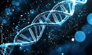 Rotating 3D DNA Double Helix Animation with Blue and Gold Particles in Dark Background