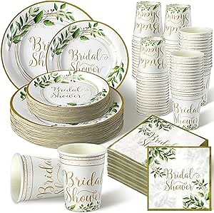 Colarr 250 Pcs Bridal Shower Plates and Napkins and Cup Sets Bridal Shower Party Supplies Paper Plates Napkins Disposable Tableware Set for Wedding Engagement Bachelorette Party(Eucalyptus)