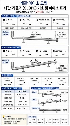 배관 기울기(SLOPE) 기호 및 아이소 표기화살표 방향으로 배관이 낮아진다는 의미입니다