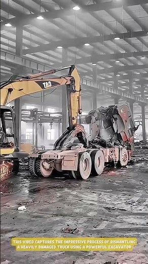 Powerful dismantling process of a damaged truck using heavy machinery