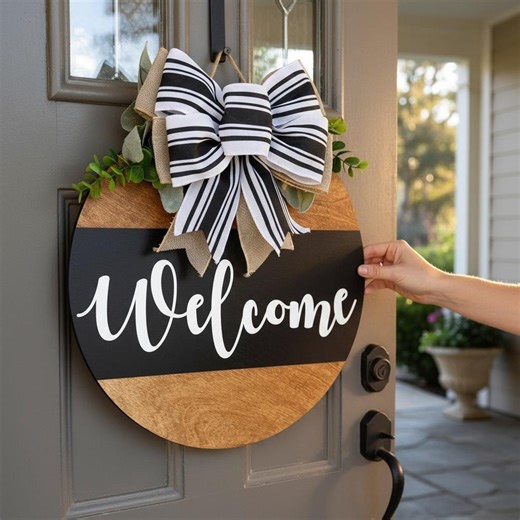 Welcome Door Sign|round Wood Front Door Hanger|farmhouse Porch Decor|black and White Bow Wreath|rustic Home Entry Sign|gift New Home Owners - Etsy UK