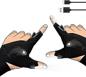 LED Rechargeable Flashlight Gloves, Gifts for Men, for Dad, Cool Stretchy Fingerless Light Gloves Gadget for Repairing Fishing Camping and Car Repairing, 1 Pair