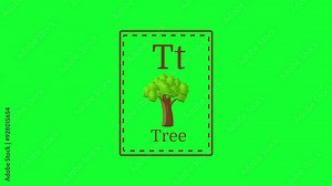 Letter t for tree 2d cartoon style card for little kids animation on green screen background Stock Video