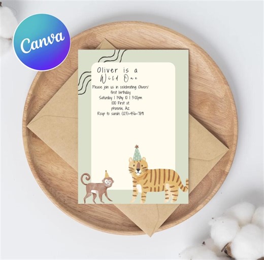 Tiger Wild One Birthday Invitation, Monkey Jungle First Birthday Invite, Editable Safari Canva Template - Etsy
