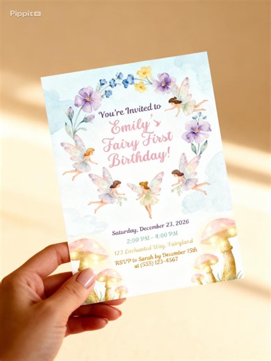 Fairy First Birthday Invitation Template | Printable Butterfly Party Invite | Editable Enchanted Pixie Girls Birthday Invite - Etsy