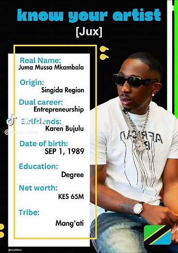 JUX Juma Jux, whose full name is Juma Mussa Mkambala, is a Tanzanian musician and songwriter renowned for his smooth R&B and Afro-pop sounds. Born on September 1, 1989, in Dar es Salaam, Tanzania, Juma Jux has emerged as one of the leading artists in the East African music scene, captivating audiences with his soulful voice and heartfelt lyrics. Growing up in the vibrant city of Dar es Salaam, Juma Jux developed a deep passion for music at an early age. His love for R&B and soul music, influence