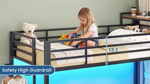 Triple Bunk Bed with Storage Drawers and Bedside Shelf, Twin Over Twin Bunk Bed for Kids/Teens with LED Lights and Charging Station, Heavy Duty Metal Bunk Beds with Safety Guardrail and Ladder, Black