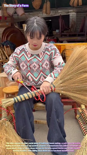 Watch a Young Artisan Secure a Handmade Broom with Colorful Binding Straps! 🧹✨↓