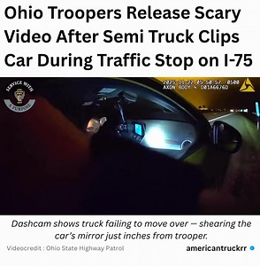 Ohio State Highway Patrol has released dash cam and body-worn camera footage showing a close-call incident that could have ended in tragedy. The video, recorded on I-75 North near Wapakoneta, shows a semi truck passing a stopped patrol vehicle without moving over or slowing down — hitting the parked car and ripping its side mirror clean off. The vehicle was pulled over during a routine stop when the semi passed dangerously close, forcing both the driver and the trooper into immediate risk. Troop