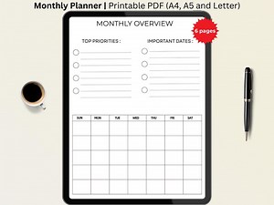 Minimalist Monthly Planner Printable, Template | Undated Calendar & Goal Tracker | A4,A5,US Letter PDF