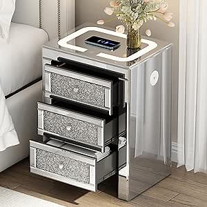Merax Silver Rectangle Mirrored End Table with Wireless & USB Charging, Modern Nightstand with LED Lights, 3 Drawers with Crystal Style Handles for Living Room, Bedroom