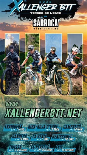 Xallenger Btt Terres de l'Ebre on Instagram: "📣 Ja tenim aquí el cartell oficial! La 15a Xallenger BTT està a punt de començar! El circuit creix! 🚀 Aquest 2026 fem un pas endavant i sortim de les Terres de l’Ebre amb la primera prova a Traiguera (Baix Maestrat), l’1 de març: una cursa amb 9 edicions i una llarga trajectòria. 🐐 Torna una prova mítica del circuit: la 14a edició d’A per la Cabra, a Tivissa, el 13 de setembre. 🚣🏽‍♀️ S’estrena al circuit el C.C. Flix amb la prova convidada “1a S