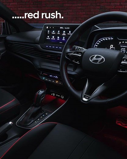 Hyundai i20 N Line | Sporty black interiors with bold athletic red inserts and red ambient lighting