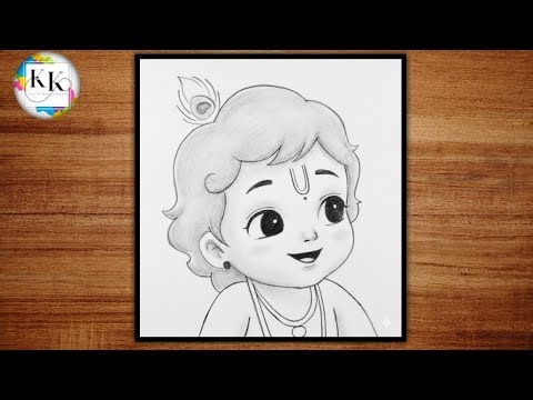 Laughing little krishna god outline pencil drawing | bhagwan krishna ji simple art