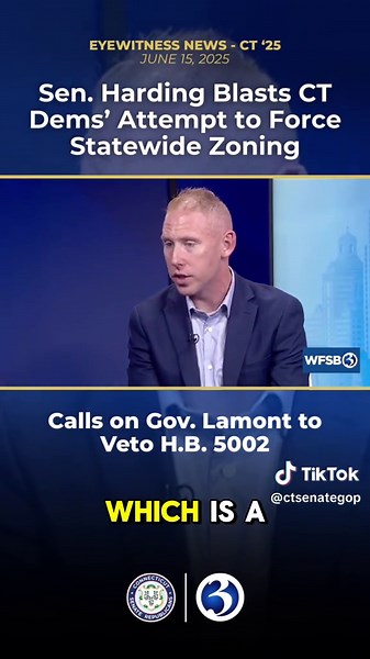 Yesterday, Senate Republican Leader Stephen Harding joined Eyewitness News “CT ‘25” to sound off on CT Dems’ controversial plan to takeover statewide zoning, eliminate local control, and penalize towns that don’t fall in line—he again urged Gov. Lamont to use his veto power on the bill (HB 5002) so that an honest conversation about housing in CT can begin. 📺: https://www.ctsenaterepublicans.com/2025/06/watch-ct-25-republican-response-to-2025-legislative-session-eyewitness-news/