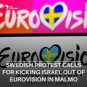 Protesters in Malmo, Sweden yesterday waved Palestinian flags and displayed banners that called for a boycott of Israel at the upcoming Eurovision Song Contest, which Malmo itself will host next month | The New Arab