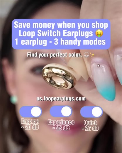 Noise pollution got you down? 😤 Loop Switch earplugs makes moving through the world easier thanks to: 👂 3-in-1 functionality 🤫 Quiet mode for focus 🕺 Experience mode for live music 🔗 Engage mode for deeper connection Make your ears happy today 💥 | Loop