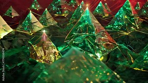 Vivid green and red beams create countless pyramid-shaped forms. Overlapping geometric patterns produce a dynamic 3D effect.