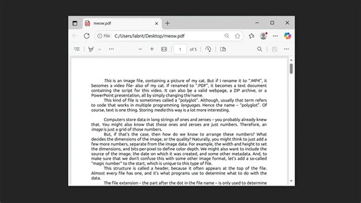 In this demo by tech creator PortalRunner, a single file named meow.png transforms its entire function just by changing its extension. This is called a Polyglot File. How does it work? Computers identify files using "Magic Numbers" (specific bytes at the start of a file). By carefully layering these headers, one file can satisfy the requirements of multiple formats simultaneously. Check out PortalRunner deep dive on YouTube Want to try it yourself? Explore the code on GitHub: 👉 github com/p2r3/