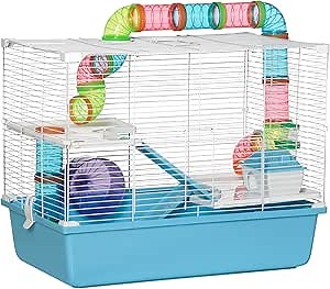 PawHut 3-Tier Large Hamster Cage with Tubes and Tunnels, Portable Carry Handles, Toy-Filled Steel Small Animal House, Includes Exercise Wheel, Water Bottle, Food Dish, 23" x 14" x 18.5", Light Blue