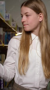Vertical video of curious female high school student inside the library, randomly picking books from the bookshelves, medium shot. Education and knowledge concept.